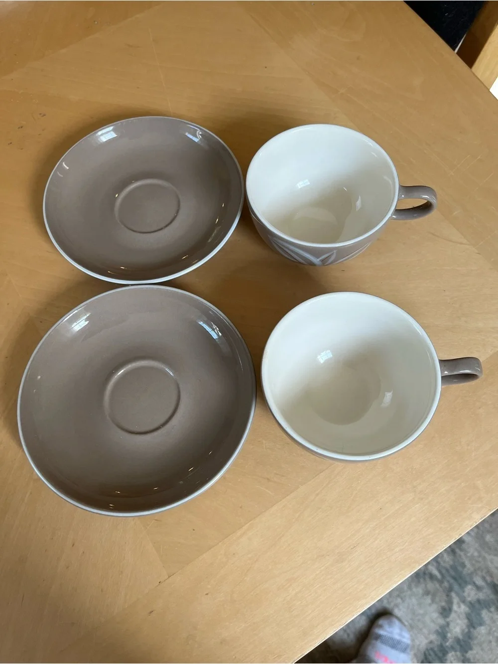 California Winfield Handcrafted Tea Cups and Saucers White Leaf Motif Set of 2